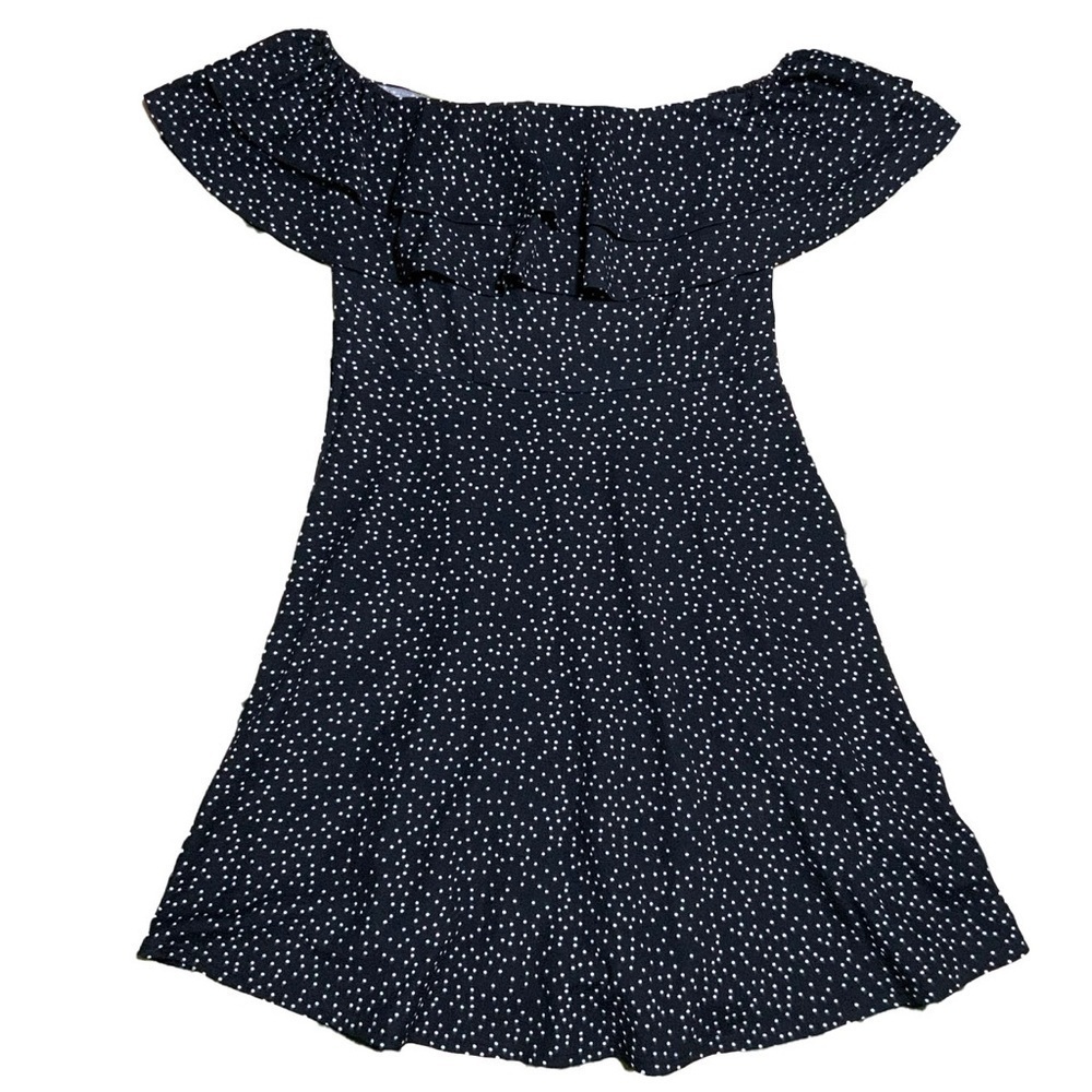 Navy Polka Dot Off Shoulder Mini Dress